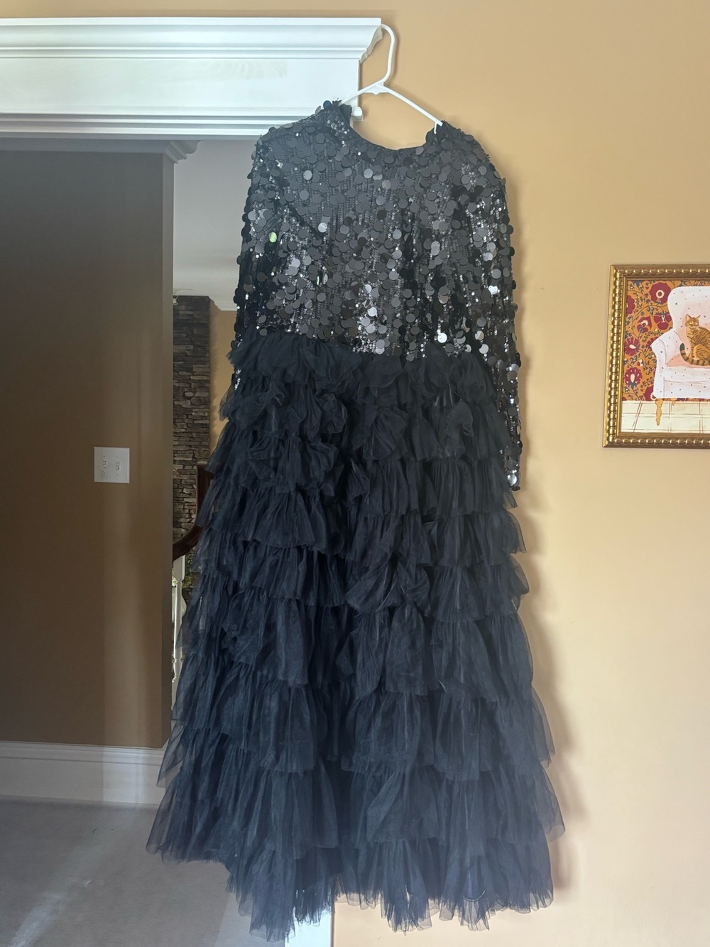 Black Sequin & Tulle Ruffled Evening Gown